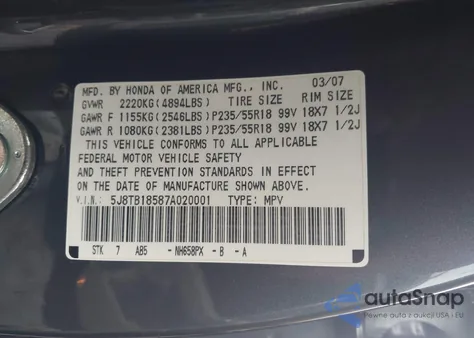 2007 Acura Rdx from USA, damaged, VIN 5J8TB18587A020001
